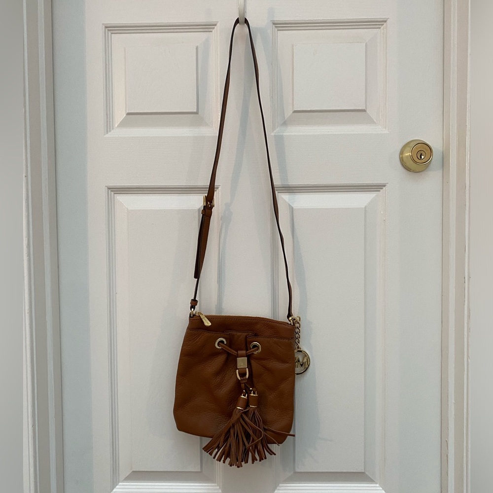 Michael Kors Camden Drawstring Brown Leather Crossbody Bag with Tassels